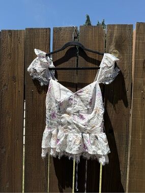 Cream Floral Lace-Trim Peplum Camisole